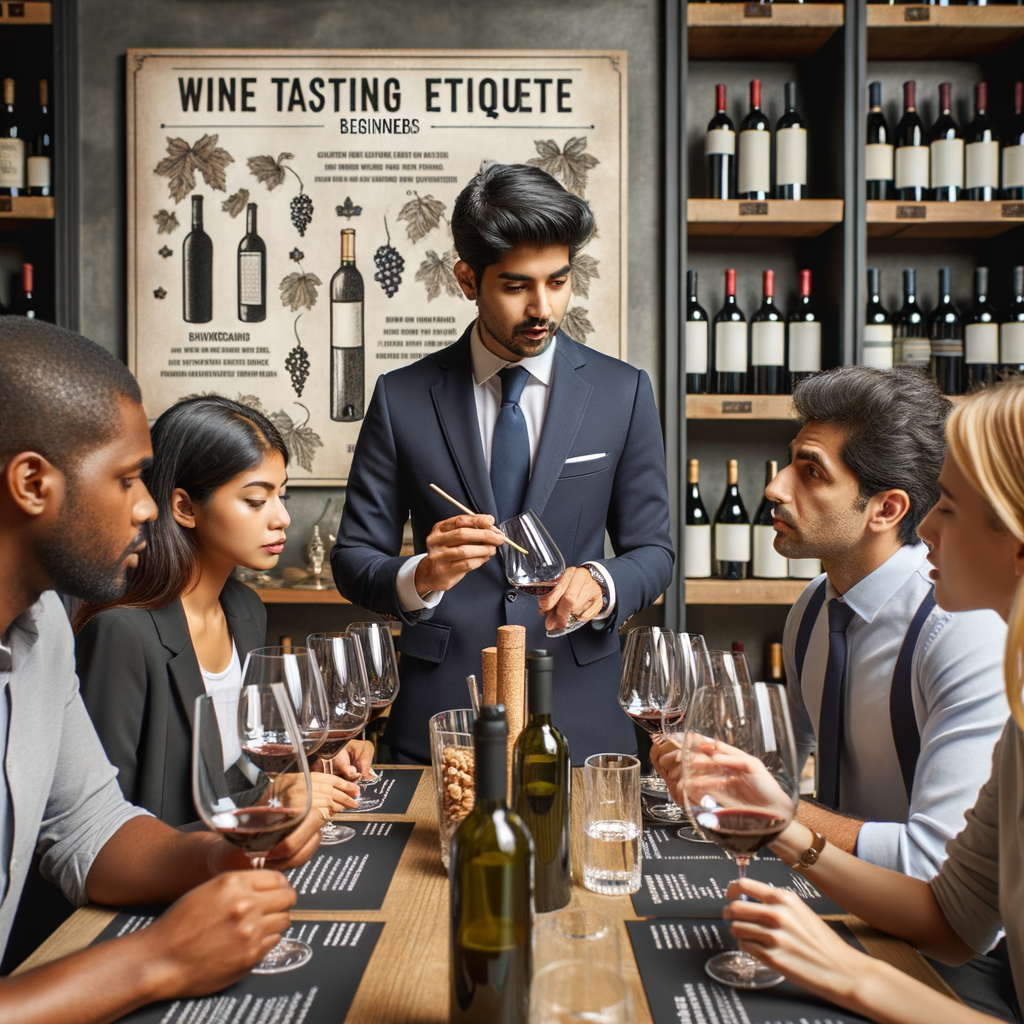 Professional sommelier teaching wine tasting techniques to beginners, with a guide to wine tasting etiquette displayed, illustrating the basics of understanding wine tasting for beginners.