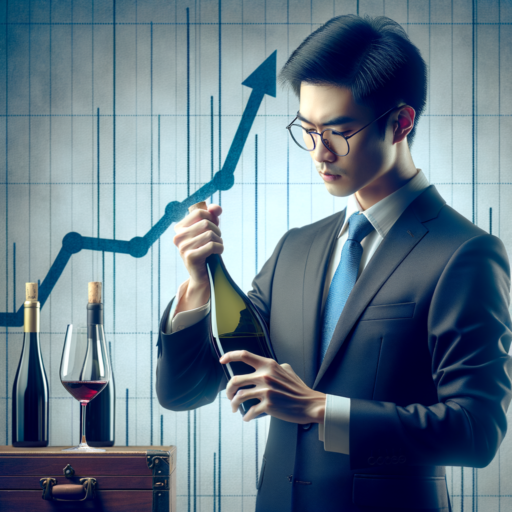 Professional businessman uncorking vintage wine, symbolizing the start of a wine investment startup and potential for profitable wine investment profits, as indicated by the increasing graph in the background.